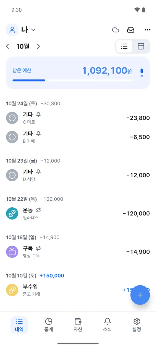 내 가계부 내역 화면 예시. 알림으로 들어온 기록에 종 표시가 붙어 있어요.