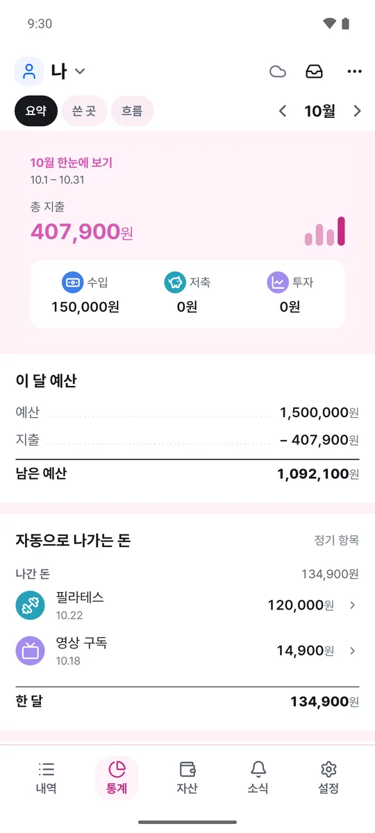핑크 강조색을 고른 통계 요약 화면 예시. 10월 총 지출과 이 달 예산이 보여요.
