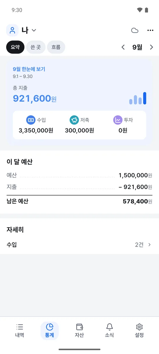 내 가계부 통계 요약 화면 예시. 9월 총 지출과 수입 · 저축 · 투자, 이 달 예산이 보여요.